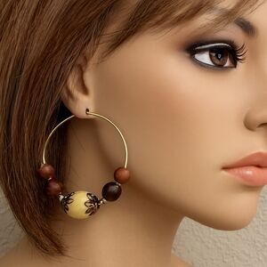 Boho Beaded Hoop Earrings – Natural Wood Look Beads, Gold-Tone Wire – Jewelry #3